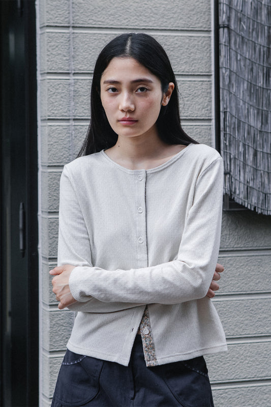 FLORAL COLOR BLOCK JERSEY CARDIGAN, GRAY