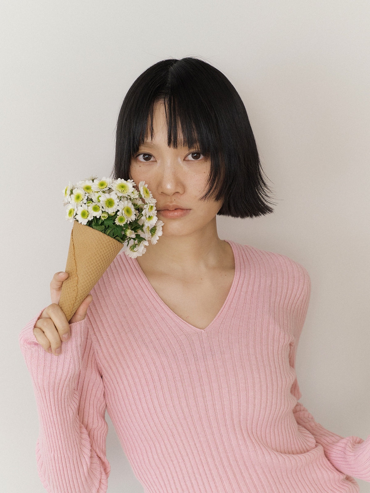 Double V-neck Rib Pullover - Pink 1