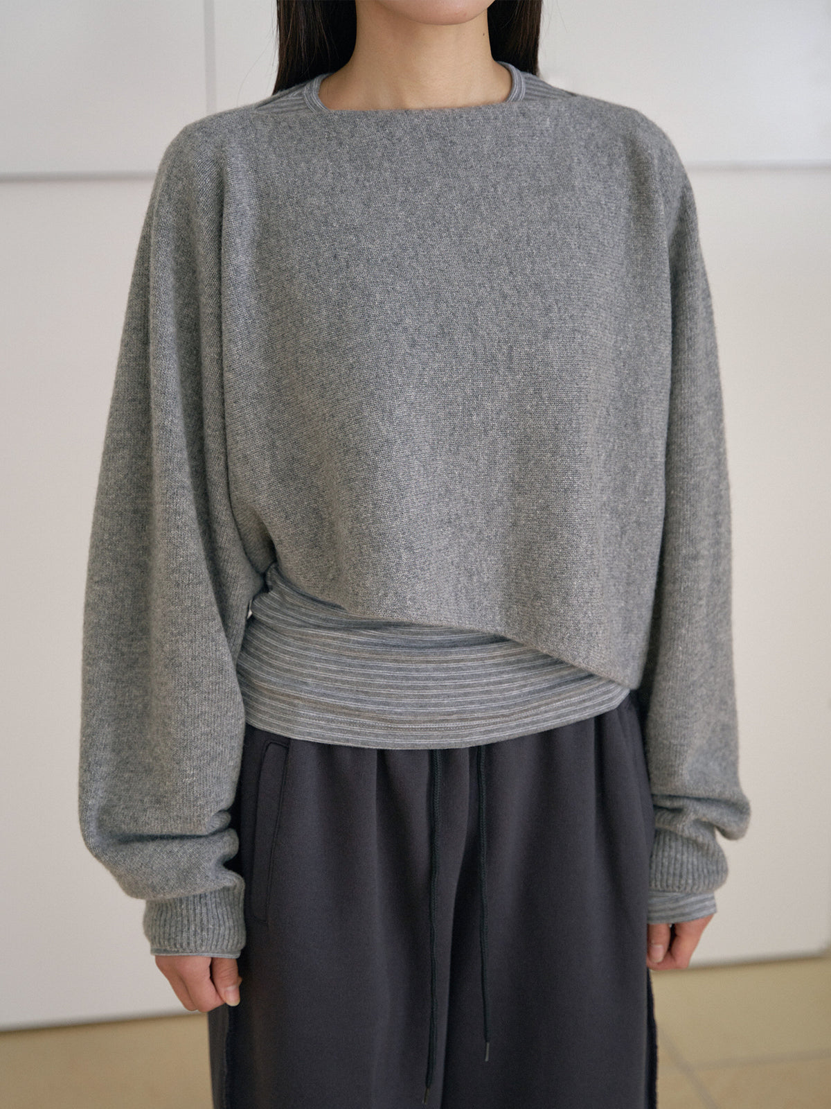 Unbalanced Boat Neck Pullover - Gray 8