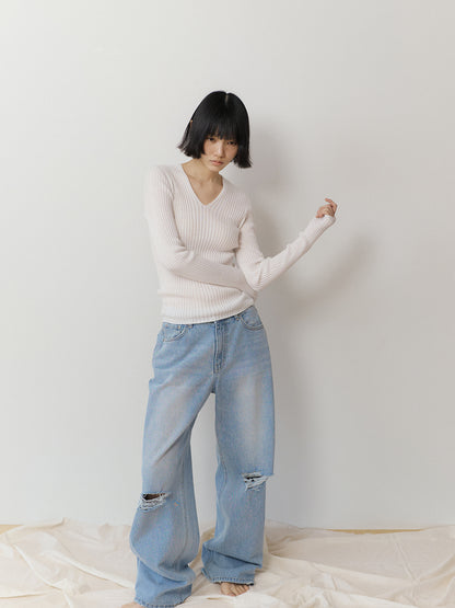 Double V-neck Rib Pullover - Ivory 4