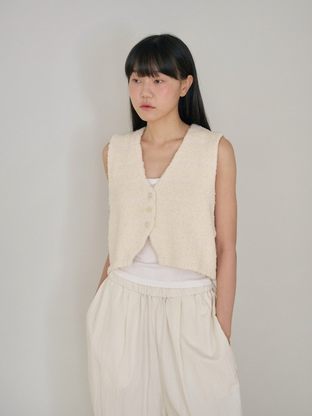Sleeveless Button Cardigan - Beige