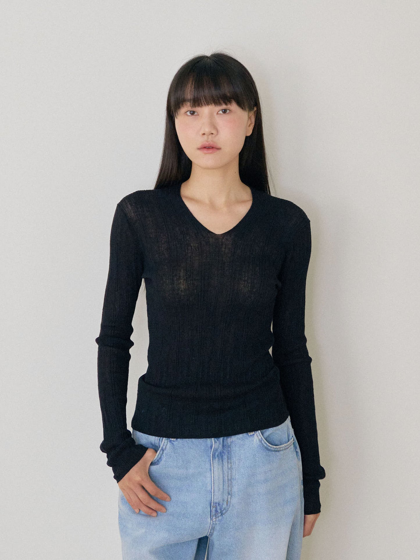 Multi Rib V-neck Pullover - Black