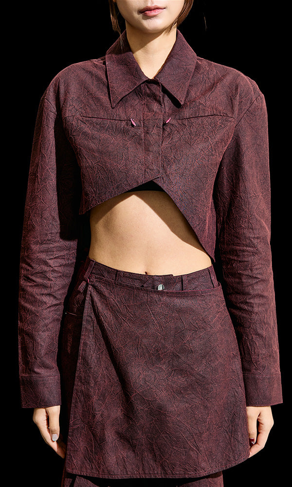 【Reculer レキュリー】Wrinkle R-crop shirts Burgundy