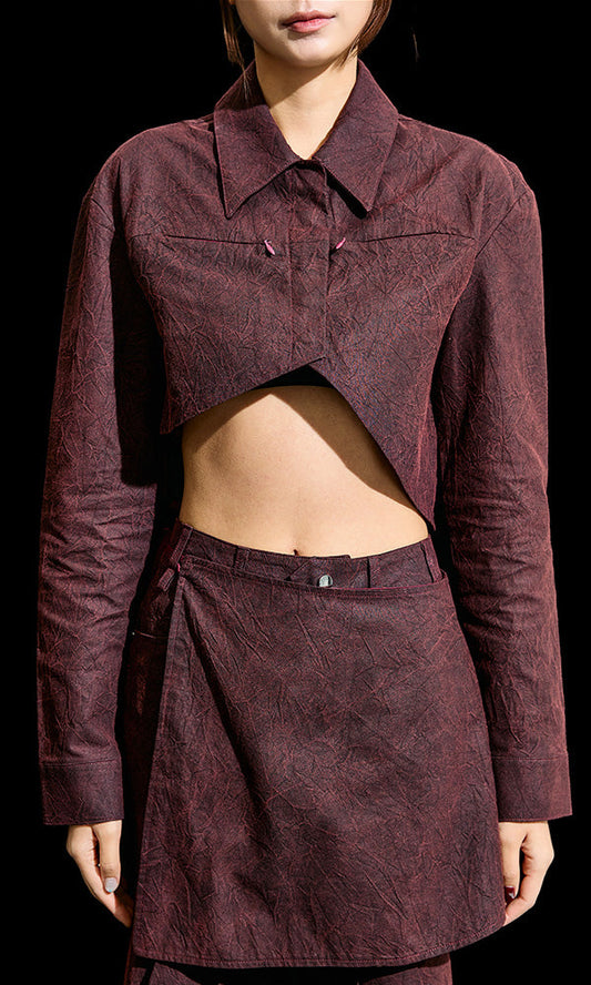 【Reculer レキュリー】Wrinkle R-crop shirts Burgundy
