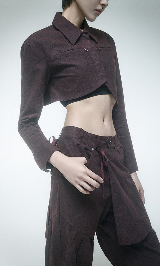 【Reculer レキュリー】Wrinkle R-crop shirts Burgundy