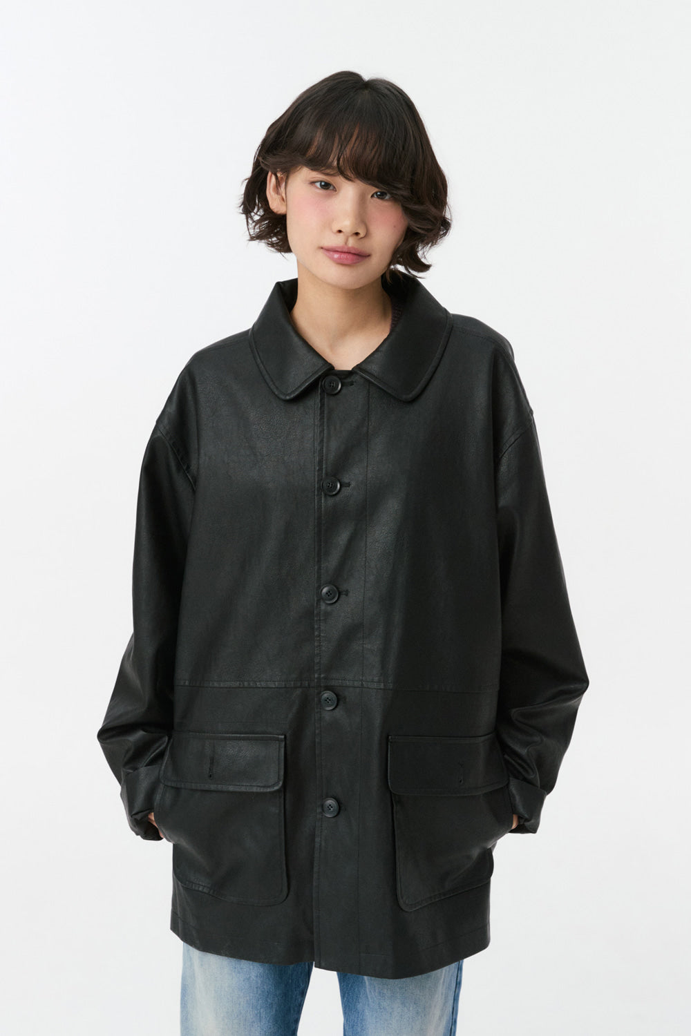 SIGNATURE LABEL VEGAN LEATHER JACKET, BLACK