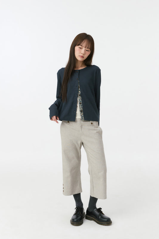 FLORAL COLOR BLOCK JERSEY CARDIGAN, NAVY
