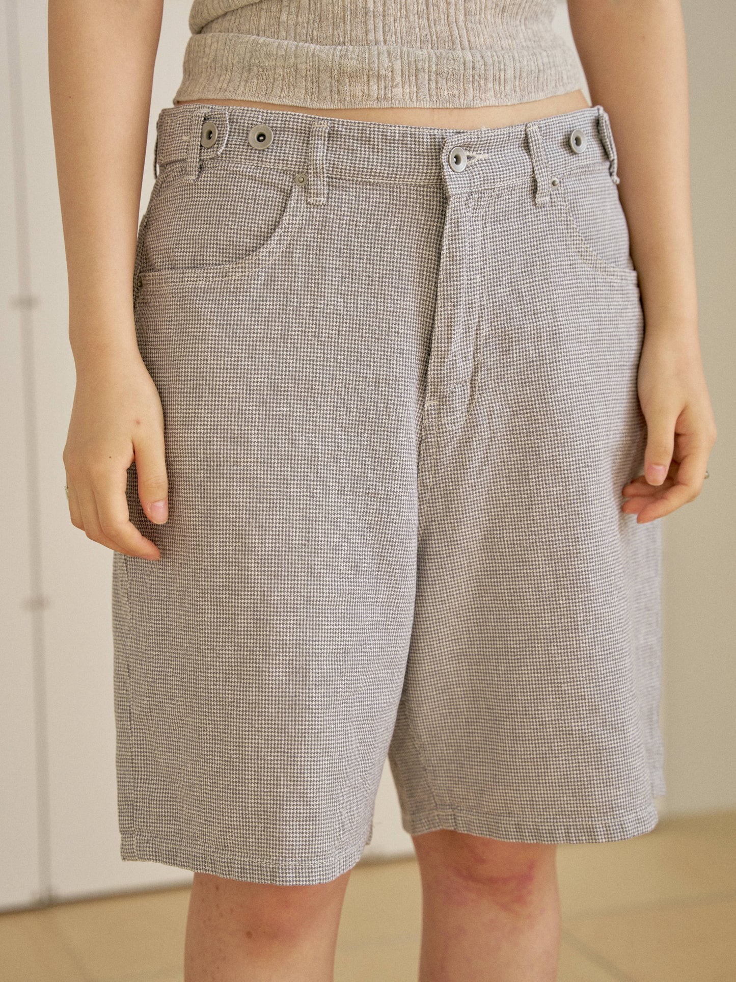 Linen Check Half Pants - Gray