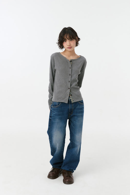 FLORAL COLOR BLOCK JERSEY CARDIGAN, GRAY