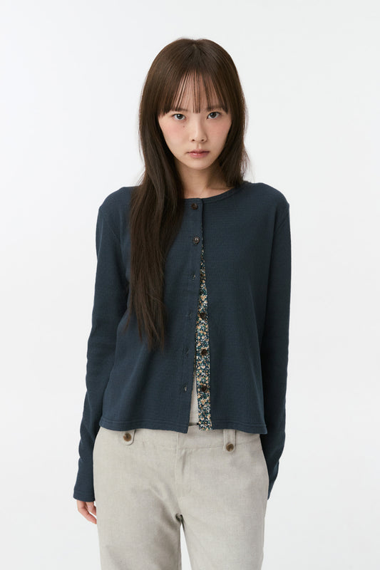 FLORAL COLOR BLOCK JERSEY CARDIGAN, NAVY