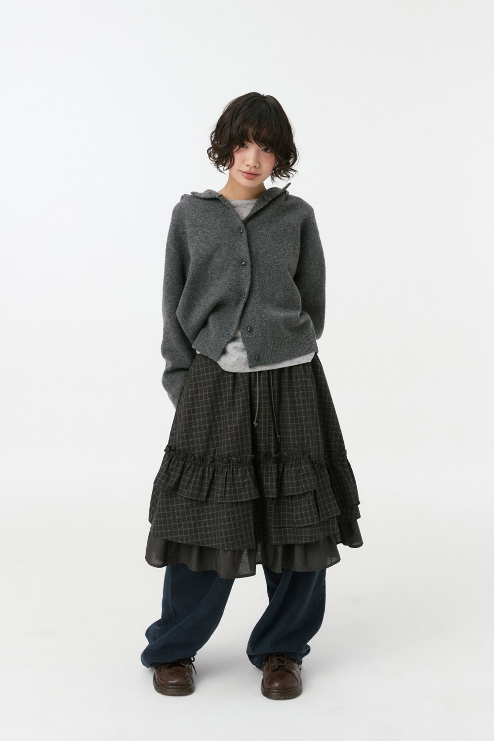 CROPPED HOODED HIGH NECK CARDIGAN, CHARCOAL