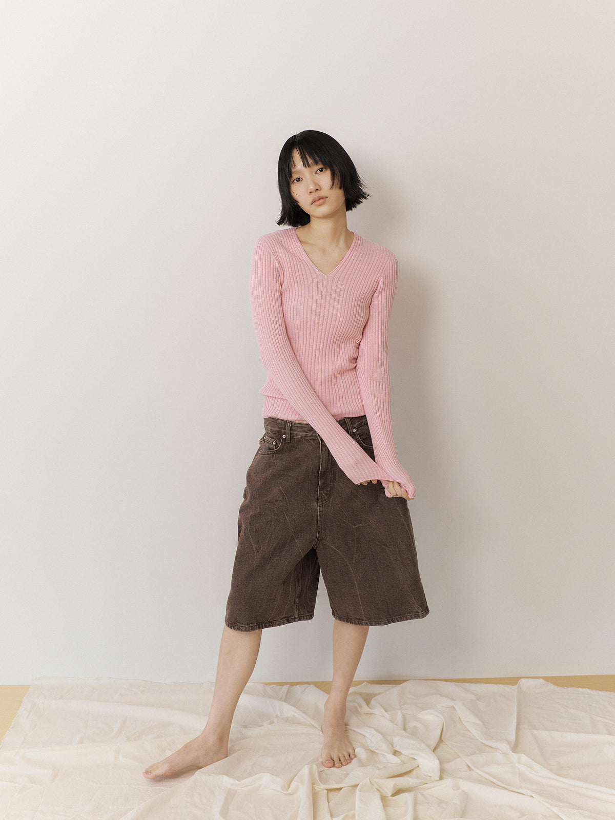 Double V-neck Rib Pullover - Pink 3