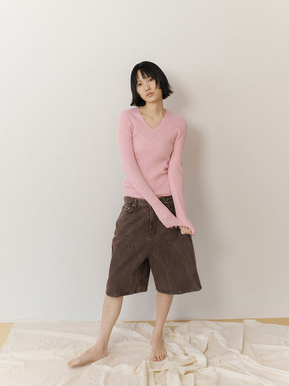 Double V-neck Rib Pullover - Pink 3