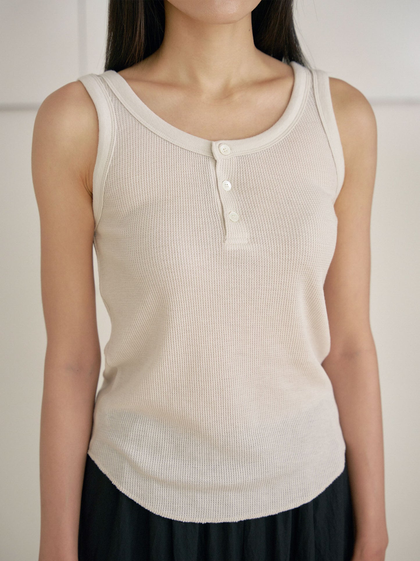 Waffle Button Sleeveless - Beige