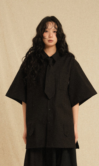 Bijo Point Short-Sleeved Shirts Black (Tie Version)