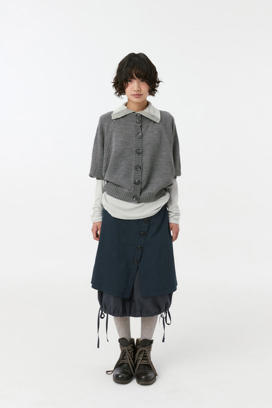BUTTON STRING LAYERED WRAP SKIRT, NAVY