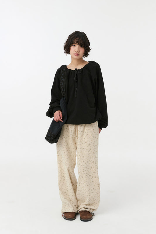 FLORAL CORDUROY BANDING PANTS, BLACK