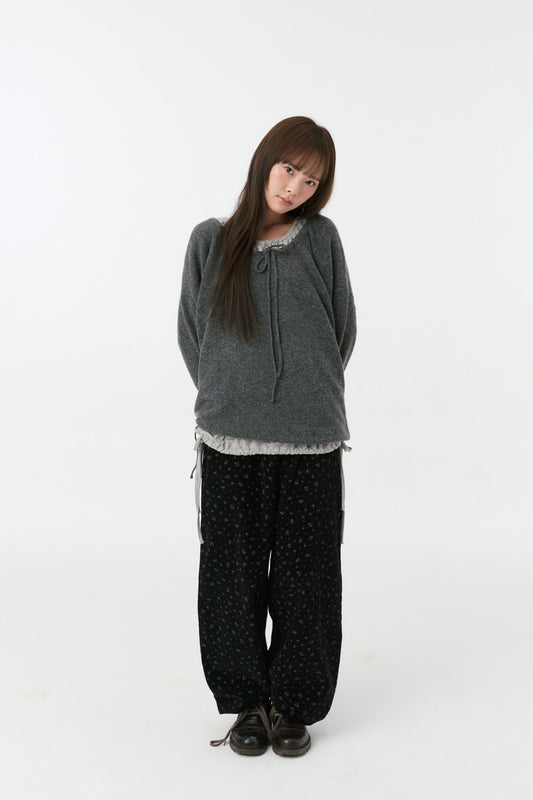 FLORAL CORDUROY BANDING PANTS, BLACK