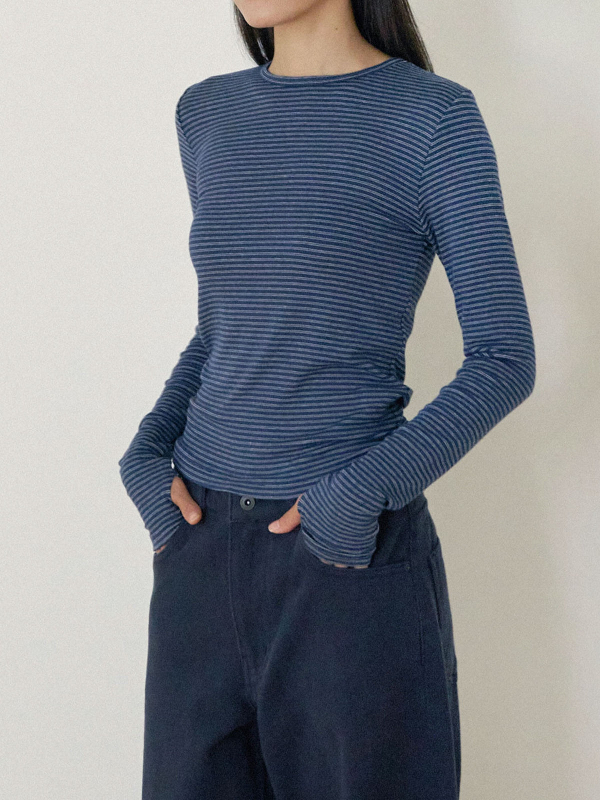 Rib Stripe Long Sleeve - Navy 1