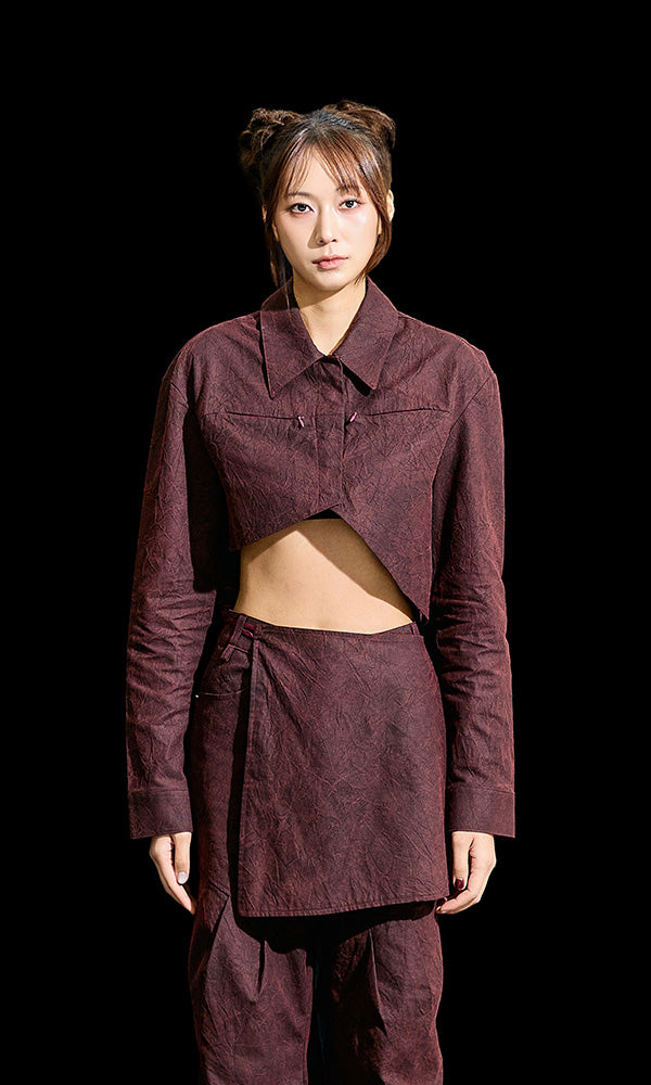 【Reculer レキュリー】Wrinkle R-crop shirts Burgundy