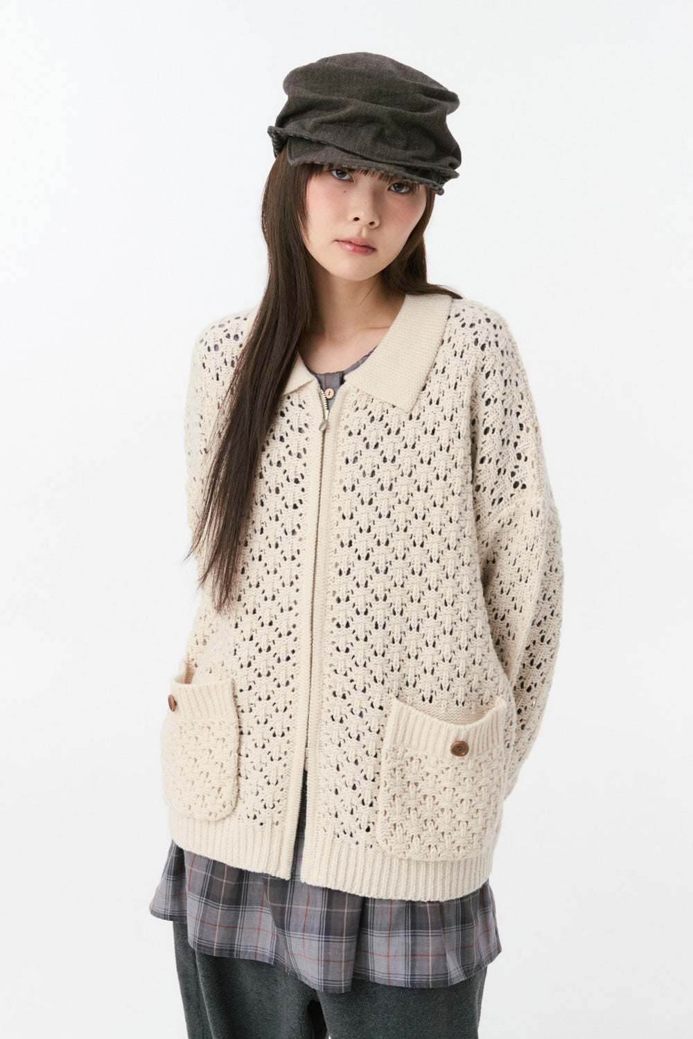 CROCHET KNIT ZIP-UP, CREAM