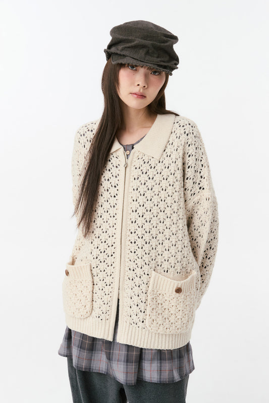 CROCHET KNIT ZIP-UP, CREAM