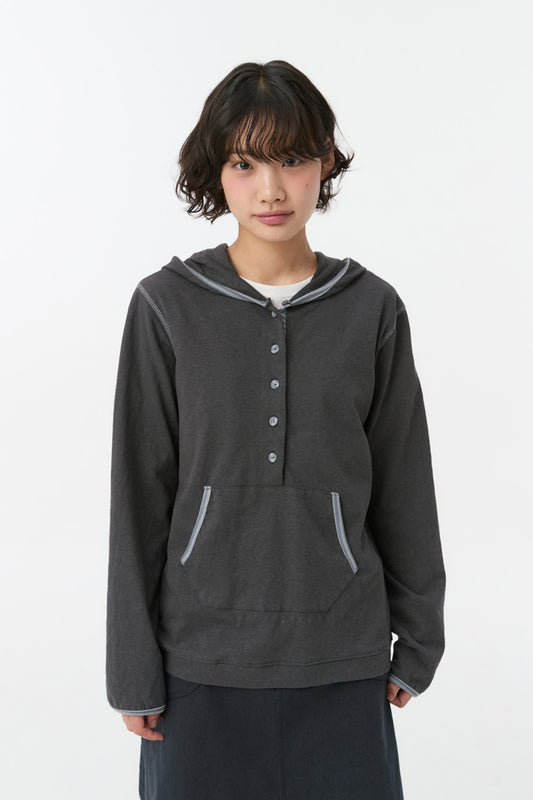 [9/11予約配送] FLORAL BUTTON HOODED LONG SLEEVE, CHARCOAL