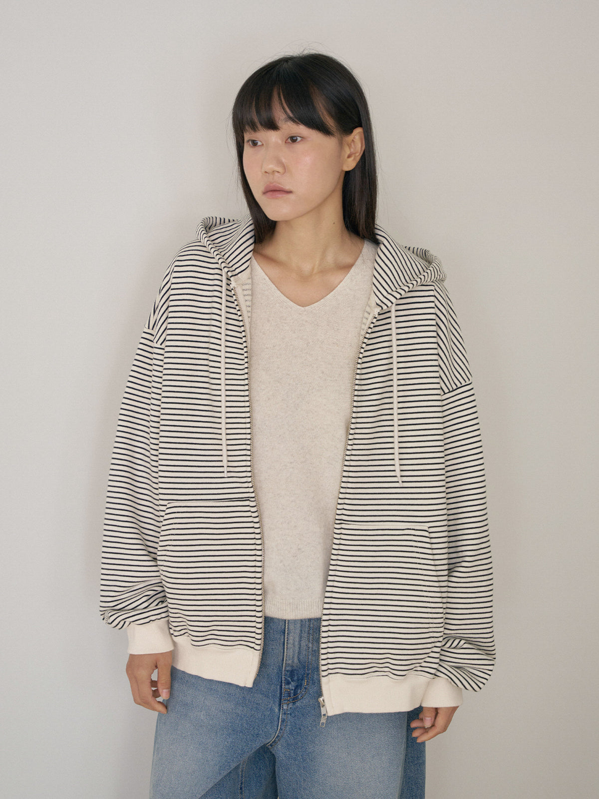 Stripe Hoodie Zip-up - Ivory 9