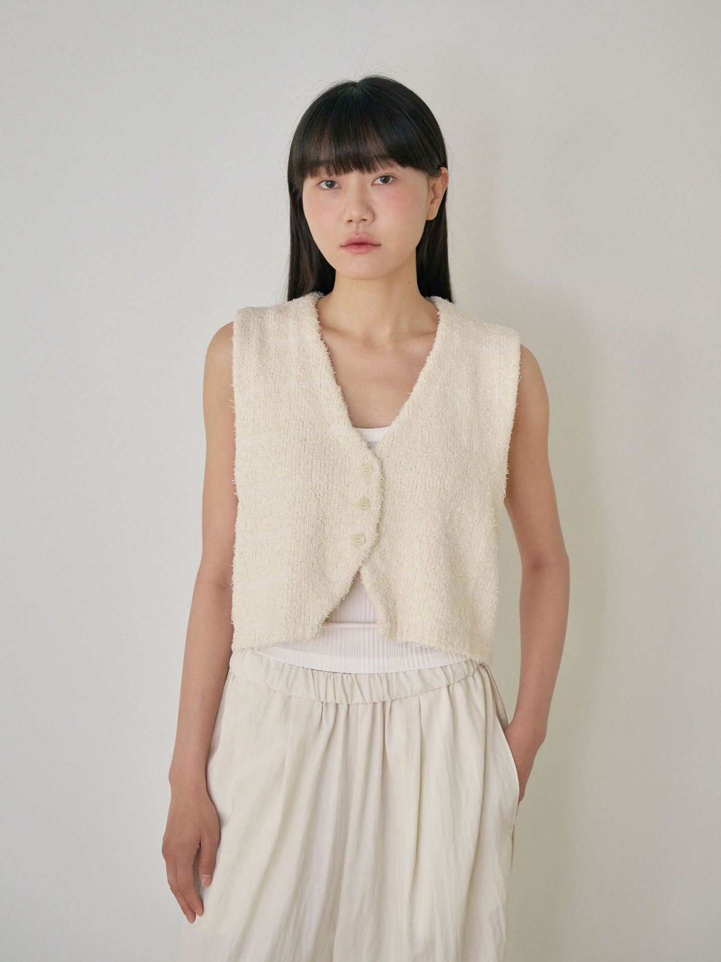 Sleeveless Button Cardigan - Beige