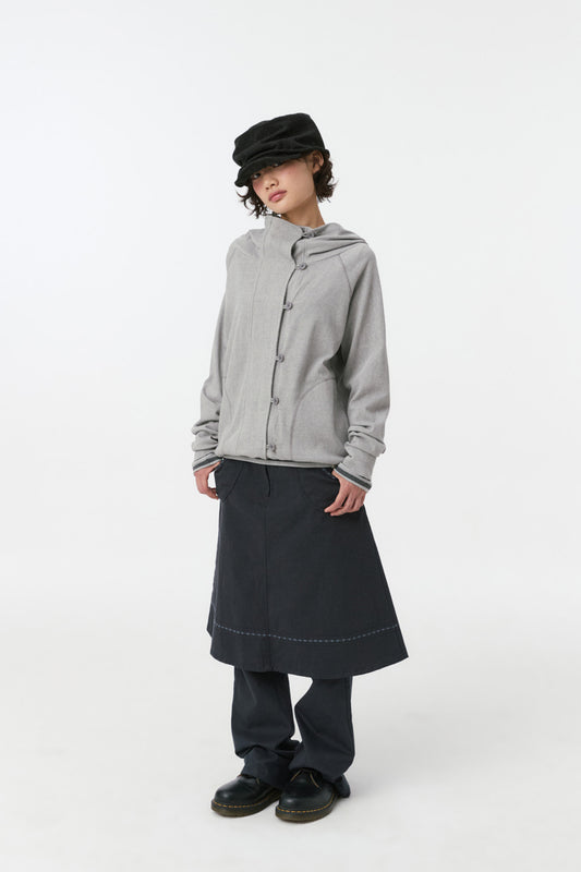 RAGLAN BUTTON HOODED ZIP-UP, GRAY