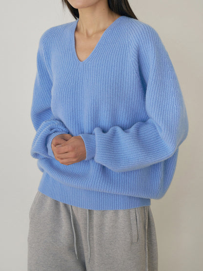 Wool V-neck Raglan Pullover - Blue 11
