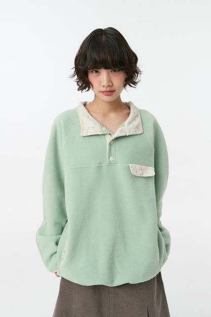 FLORAL CONTRAST FLEECE PULLOVER, MINT
