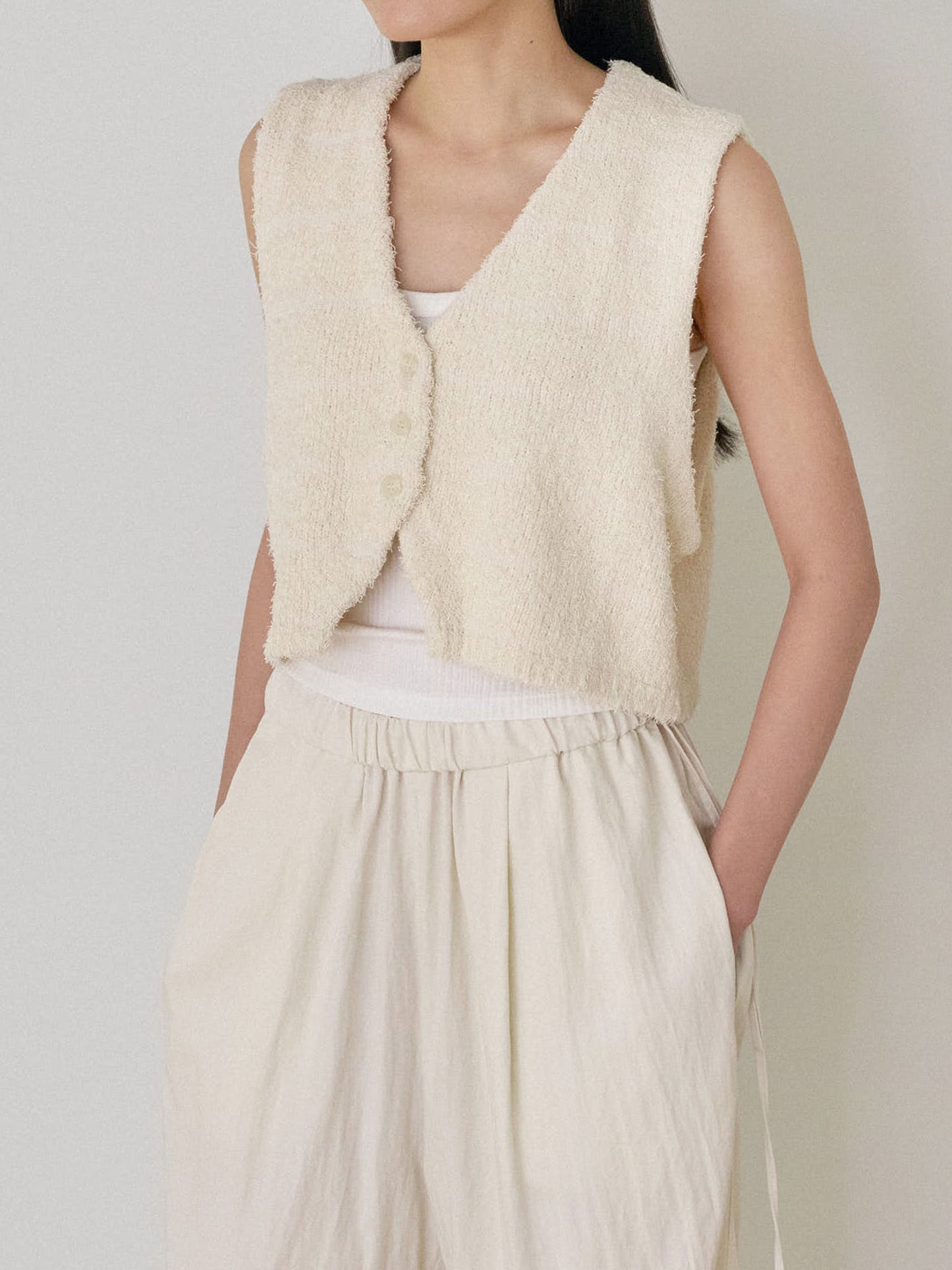 Sleeveless Button Cardigan - Beige