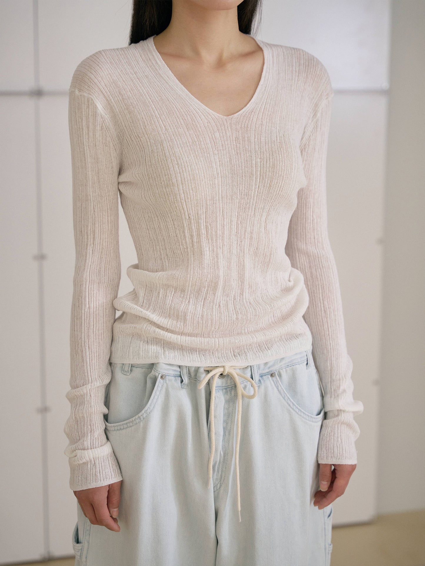 Multi Rib V-neck Pullover - Ivory