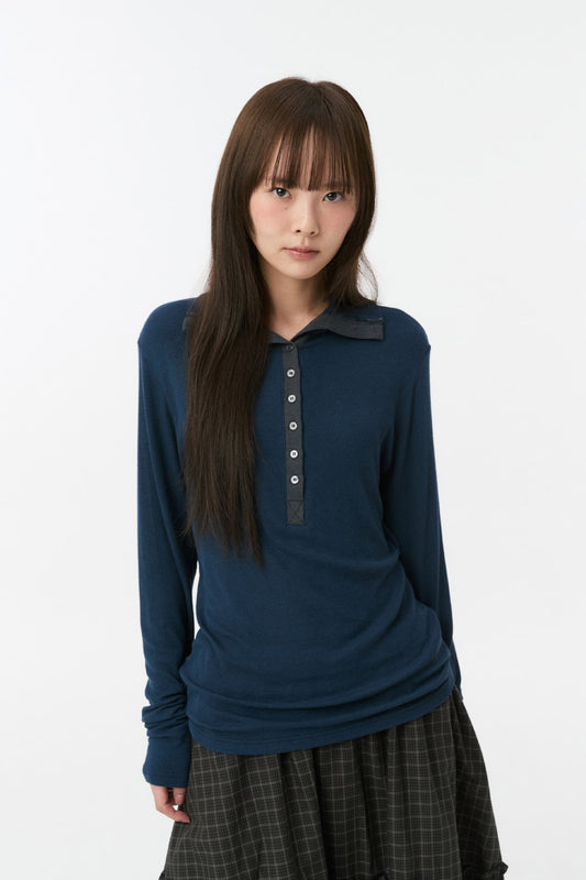 BUTTON SLIM LONG SLEEVE, NAVY