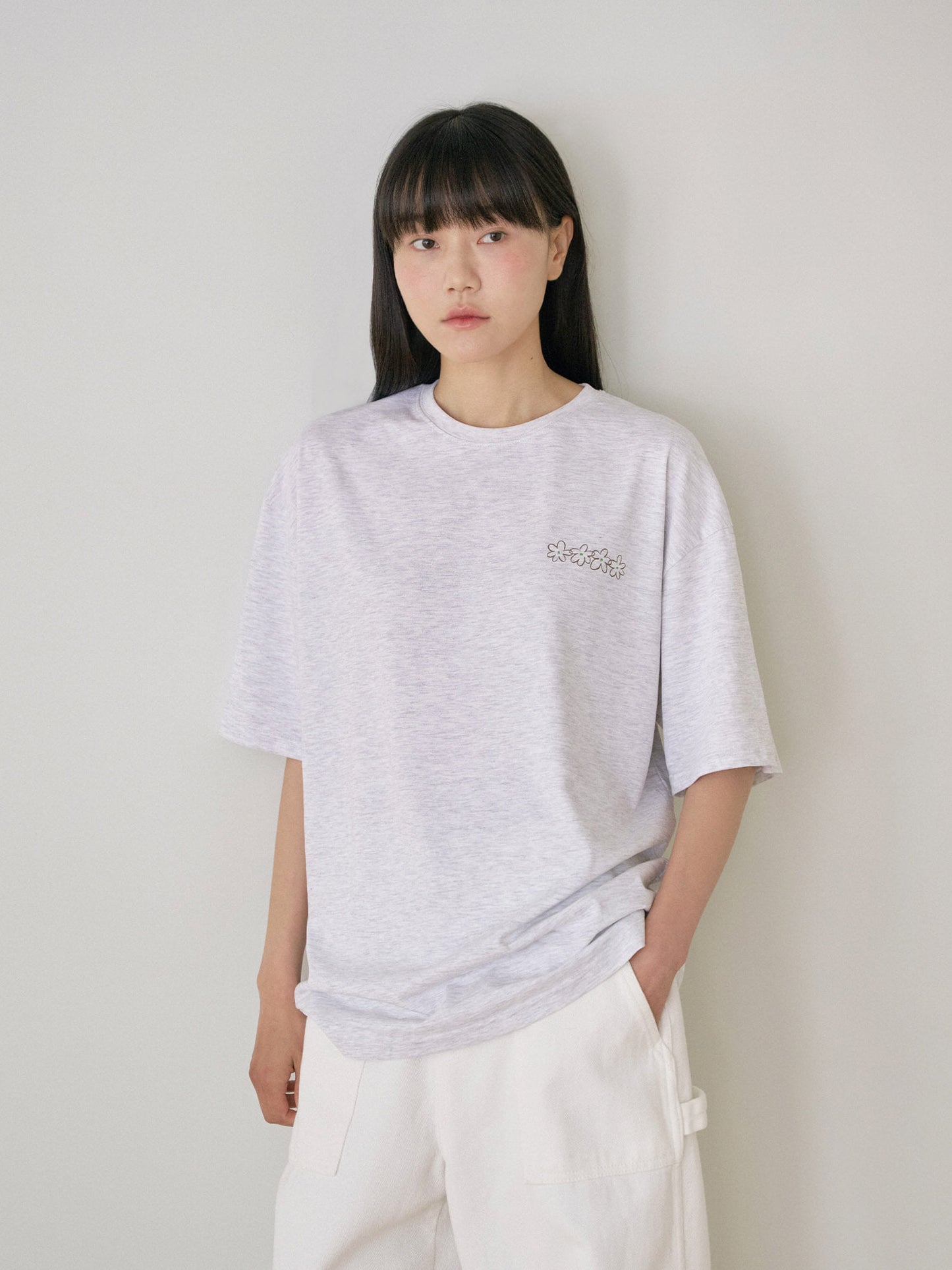 Flower Printing Short Sleeve - Light Gray