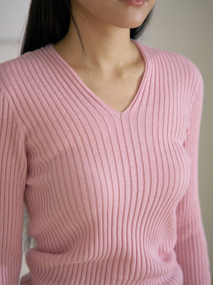 MARAN Double V-neck Rib Pullover - Pink 商品画像14/21