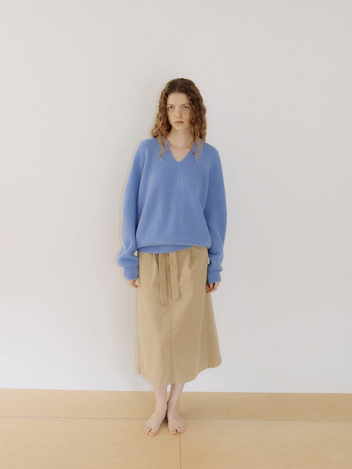 Wool V-neck Raglan Pullover - Blue 3