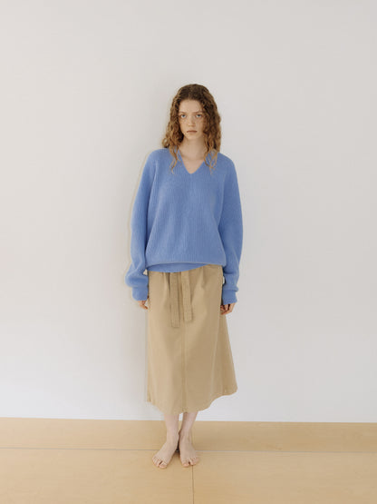 Wool V-neck Raglan Pullover - Blue 3