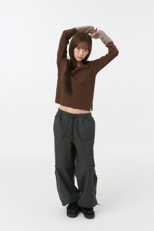 SHIRRING COLOR BLOCK LONG SLEEVE, BROWN