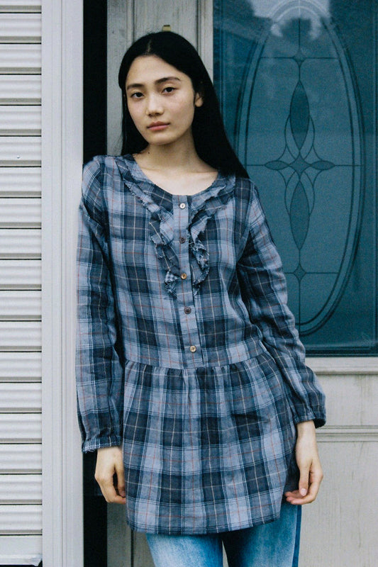 VINTAGE RUFFLE DRESS, GRAY CHECK