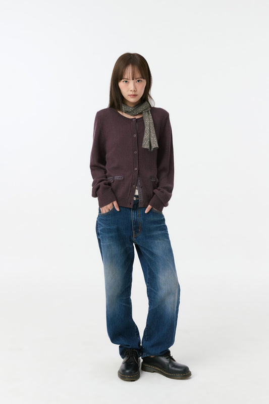 COLOR BLOCK POCKET KNIT CARDIGAN, PURPLE