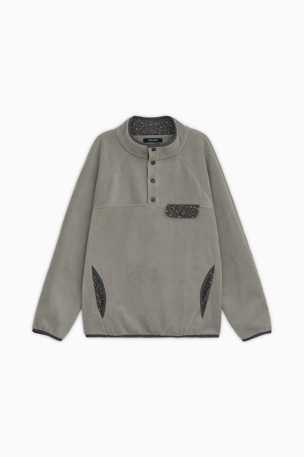 FLORAL CONTRAST FLEECE PULLOVER, GRAY