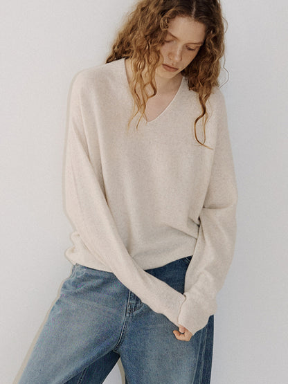 Cashmere Blend V-neck Pullover - Oatmeal 1