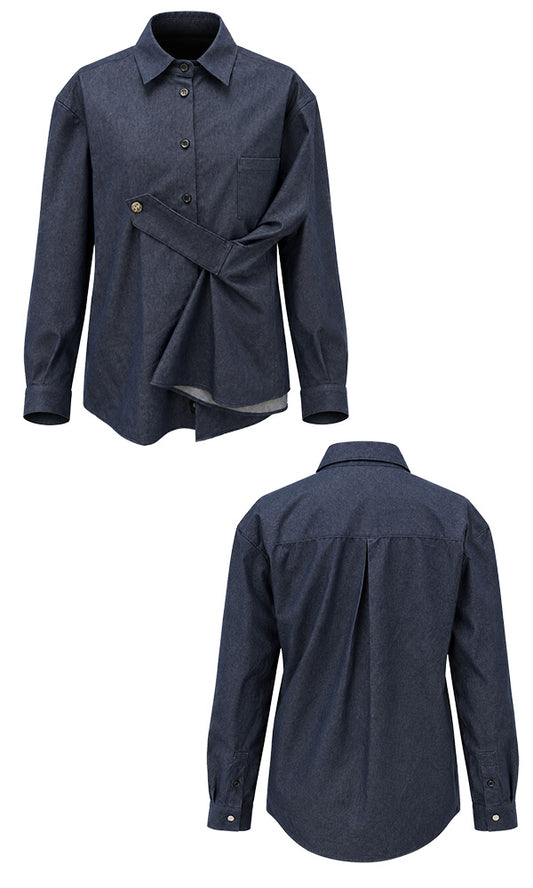 【Reculer レキュリー】Draping Basic long shirts Like denim Deep Blue