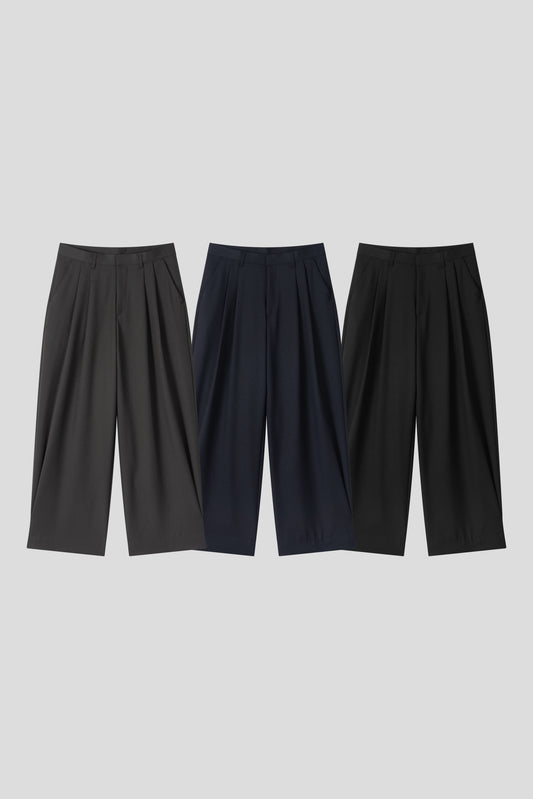 Luen Plain Wide Trousers BLACK/NAVY/CHARCOAL 3色フラットレイ