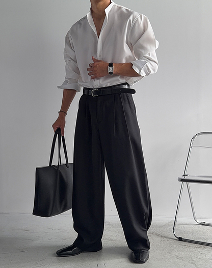 Luen Plain Wide Trousers BLACK 着用イメージ2
