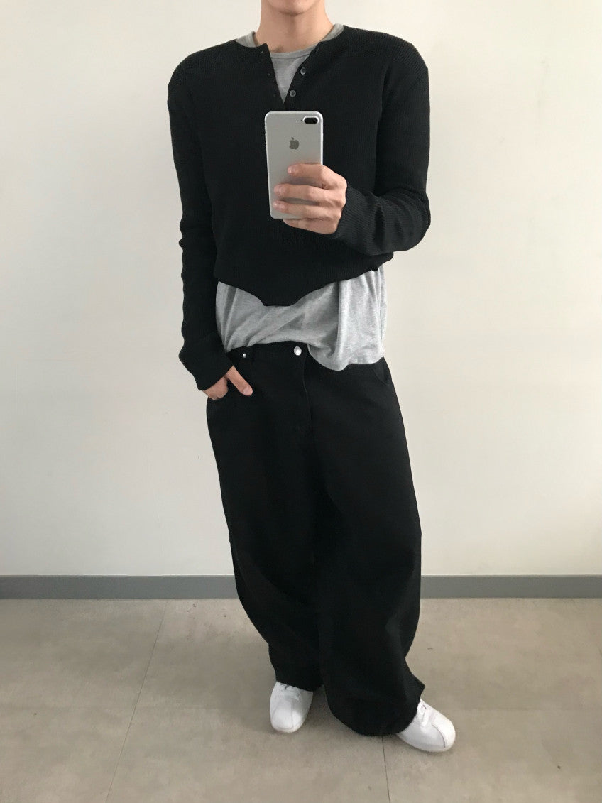 Ribbed Henley Knit BLACK worn