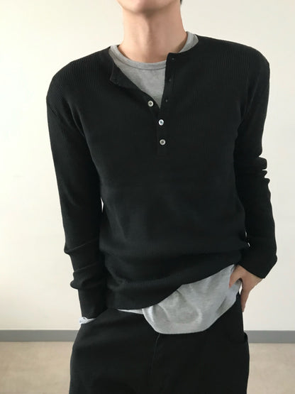 Ribbed Henley Knit BLACK worn