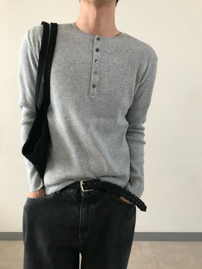 Ribbed Henley Knit LIGHT GRAY worn